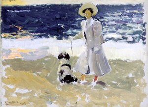 ビーチの女性と犬 作： Joaquín Sorolla