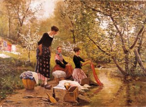 "The Washerwomen" Joaquim Vayreda i Vila（1843-1894）の絵画。1883 作： Joaquin Vayreda