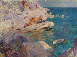 ハベアは白いボートでロックします。 1905 作： Joaquín Sorolla