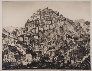 フォアグラウンドでの農民の女性とのAnticoli Corradoのビュー（彫刻とドライポイント）