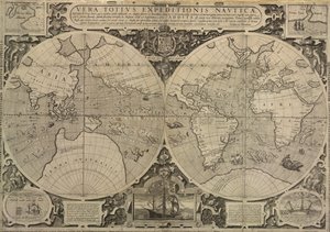 1577 年から 80 年にかけてのドレイクの世界航海、航海遠征全体の真の説明 作： Jodocus Hondius