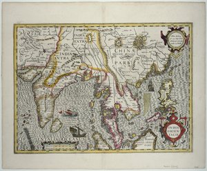 17世紀初頭、インドネシア列島の北部とマレー半島を経由してフィリピンに向かうインド亜大陸（カラー彫刻） 作： Jodocus Hondius