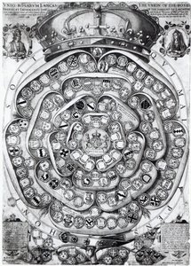 ランカスターとヨークの家族のバラの連合、1589年（版画の彫刻） 作： Jodocus Hondius