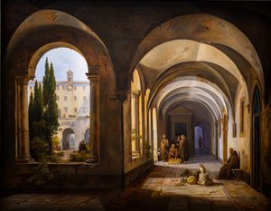 ローマのサンタ・マリア・ダラコエリの回廊にいるフランシスコ会修道士たち 作： Jodocus Sebastiaen van den Abeele