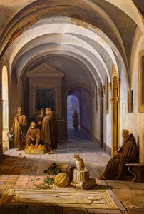 ローマのサンタ・マリア・ダラコエリの回廊にいるフランシスコ会修道士たち 作： Jodocus Sebastiaen van den Abeele