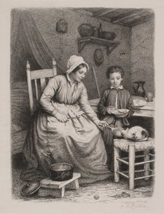 猫は貧しい女性から夕食をもらいます。 国内シーン 作： Joel Ballin