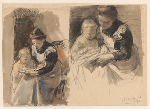 少年に膝の上で読むことを教えるメイドの2つの習作 作： Johan Antonie de Jonge