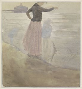 ビーチで 2 人の子供と犬を持つ女性 作： Johan Antonie de Jonge