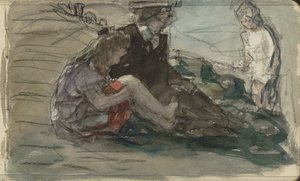 ウォーター フロントに沿って 2 人の子供を持つ女性 作： Johan Antonie de Jonge