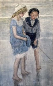 シェベニンゲンでパドリングする子供たち（水彩画） 作： Johan Antonio de Jonge