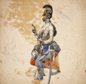 第5竜騎兵連隊の騎兵、1840年から1850年の彼の馬のピストルの充電中（鉛筆と水彩） 作： Johan Baptiste Heinefetter