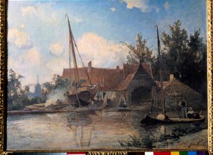 大きな船のあるオランダの風景 カシメの絵 ジャン・バルトルド・ジョンキンド（1819-1891） 1857年 日0,42x0,56 m