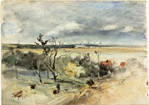 ロバに乗った男性のいる風景 (右) カフェにいる 2 人の女性 (裏面) 作： Johan Barthold Jongkind