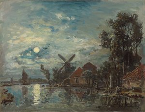 河口の月明かり、オランダ。 1867年の河口への月の影響、オランダ 作： Johan Barthold Jongkind