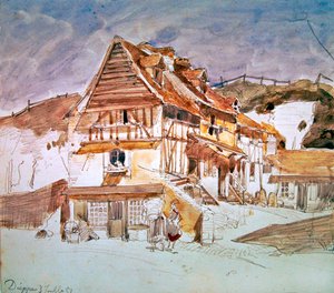 1851年、フランス、ノルマンディーのディエップにある古い家屋（紙にペン、インク、トイレ） 作： Johan Barthold Jongkind