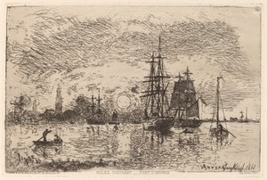 アントワープ港に沈む夕日 作： Johan Barthold Jongkind