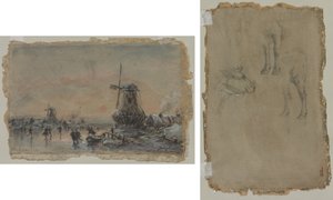 アルンハイムの眺め (右) 雄牛の習作 (裏) 作： Johan Barthold Jongkind