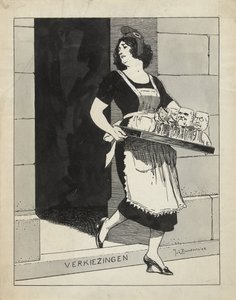 De Amsterdammer のイラストのデザイン: ガラスのトレイを持ったメイドとしてのオランダの聖母が選挙の階段につまずく (1924 年 5 月 17 日) 作： Johan Braakensiek