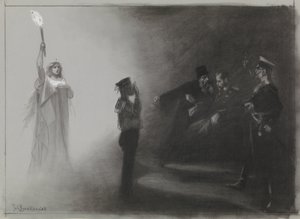 De Amsterdammer: 海でのロシアの敗北、1905 年 6 月 4 日のイラストのデザイン 作： Johan Braakensiek