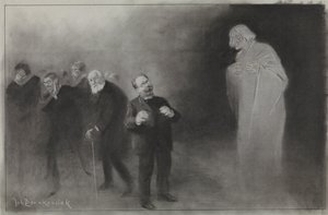 De Amsterdammer のイラストのデザイン: 1907 年 1 月 13 日、Van den Stadsschouwburg の新年の願いで Schimmel を忘れる 作： Johan Braakensiek