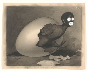 De Amsterdammer のイラストレーションのデザイン: 黒人男性が卵から孵化する (1930 年 4 月 19 日)