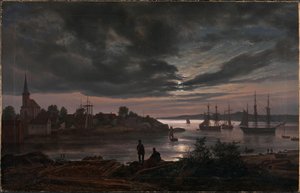 ノルウェー語  月明かりに照らされたラルヴィク港 月明かりに照らされたラルヴィク港 作： ヨハン・クリスチャン・ダール