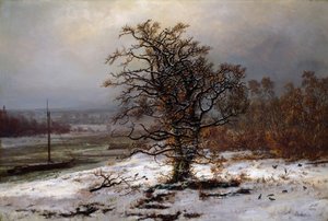 「ドイツ、エルベ川のほとりにオークのある冬の風景」ヨハン・クリスチャン・クラウセン・ダール（1788-1857）による絵画、1853年オスロ国立美術館
