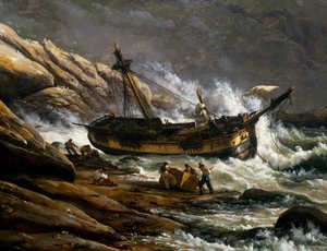 ヨハン・クリスチャン・クラウセン・ダール（1788-1857）作「ノルウェー沿岸の難破船」、詳細、ノルウェー 作： Johan Christian Dahl