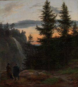 1823年の日没時の滝の前の2人の男性。 作： Johan Christian Dahl
