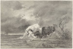 川の風景の中の 2 つの闘牛 作： Johan Daniël Koelman