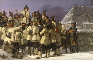1836年、モーラでダーラナ出身の男性に演説するスウェーデンのグスタフヴァーサ王 作： Johan Gustaf Sandberg