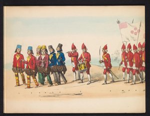 デルフトの学生の仮面舞踏会、1857年（プレート1） 1857 年 5 月 5 日にデルフト学生団のメンバーによって開催された衣装を着た行列で、ジョクジョカルタのスルタンのガレベグ行列と、N の最も特徴的なタイプを描いています。 作： Johan Hendrik Hoffmeister