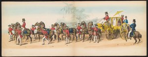 デルフト学生の仮面舞踏会、1857年（プレート3） 1857 年 5 月 5 日にデルフトの学生団のメンバーによって開催された衣装を着た行列。ジョクジョカルタのスルタンのガレベグ行列と、オランダの最も特徴的なタイプが描かれています。 作： Johan Hendrik Hoffmeister