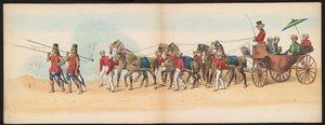 デルフトの学生のマスカレード、1857年（プレート4） 1857 年 5 月 5 日にデルフト学生団のメンバーによって開催された衣装を着た行列で、ジョクジョカルタのスルタンのガレベグ行列と、N の最も特徴的なタイプを描いています。 作： Johan Hendrik Hoffmeister