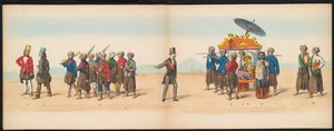 デルフトの学生のマスカレード、1857年（プレート5） 1857 年 5 月 5 日にデルフト学生団のメンバーによって開催された衣装を着た行列で、ジョクジョカルタのスルタンのガレベグ行列と、N の最も特徴的なタイプを描いています。 作： Johan Hendrik Hoffmeister