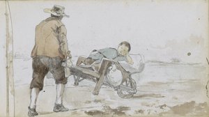 男が手押し車で男の子を押している風景 作： Johan Hendrik Weissenbruch
