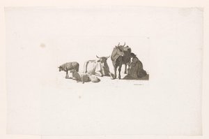 牛や羊と一緒に牛の乳搾りをしている女性。 作： Johan Jakob Biedermann