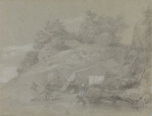 おそらくインドにあると思われる人物が描かれた岩の多い堤防のそばの川 作： Johan Joseph Zoffany