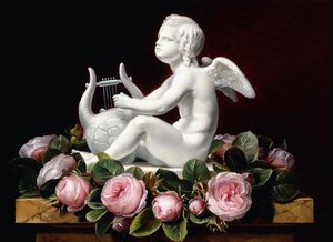 大理石の棚で竪琴を演奏するキューピッドの周りのピンクのバラの花輪、1841年