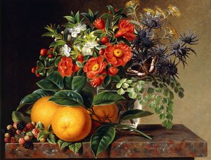 オレンジ、ブラックベリー、棚の上の花瓶、1834 作： Johan Laurents Jensen