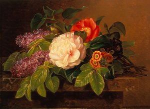 大理石の棚の上の牡丹、ライラック、サクラソウ（パネルに油彩） 作： Johan Laurents Jensen