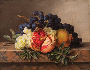 ザクロと大理石のフレームの緑と青のブドウ、1833年。 作： Johan Laurentz Jensen