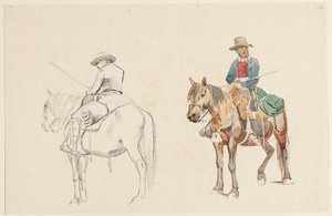 斜め後ろから見た馬用のカンパニョル。 斜め正面から見た馬用カンパニョール 作： Johan Thomas Lundbye