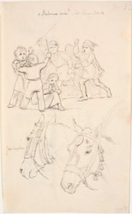 2頭の馬の頭の下で争っている男の子のグループの真ん中にいる小さな女の子 作： Johan Thomas Lundbye