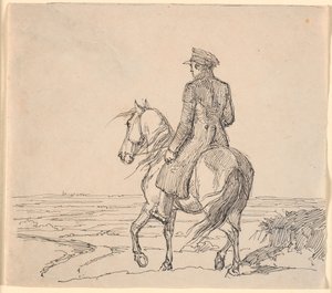 広大な風景に向かって走る斜め後ろから見たライダー 作： Johan Thomas Lundbye