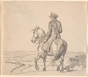 広大な風景に向かって走る斜め後ろから見たライダー 作： Johan Thomas Lundbye