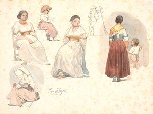 イタリアの女性に関する 4 つの研究、1 つは子供を手に持つ研究、子供の研究、街路清掃員の研究 作： Johan Thomas Lundbye