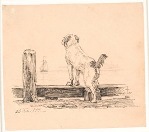 浜辺の犬。 Kaalund の「Fables for Children」のイラスト。 シート カタログのコメントを参照してください。 作： Johan Thomas Lundbye