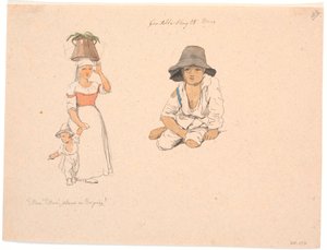 頭にバケツを乗せ、手でカチカチ音をたてている男の子を持つイタリア人女性。 右、座っているイタリア人の男の子の習作 作： Johan Thomas Lundbye