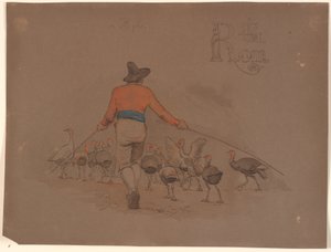 竹の棒を使って七面鳥の群れを追い払うイタリア人 作： Johan Thomas Lundbye